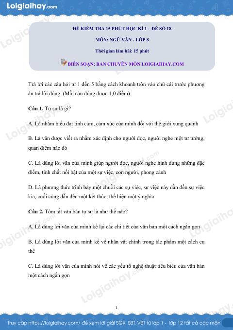 Đề kiểm tra 15 phút HK1 Văn 8 - Đề số 18